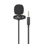 "ProCast lavalier microphone clipped on shirt collar for YouTube recording", "Close-up of omnidirectional mic with 14ft braided cable", "3.5mm jack microphone connected to smartphone for vlogging"