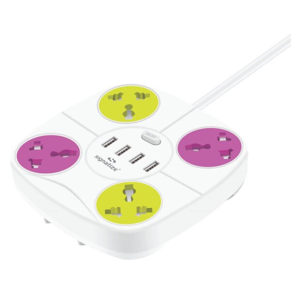 "VoltX Pro extension board charging 4 phones + laptop simultaneously", "Close-up of QC3.0 USB ports and safety shutters", "Wall-mounted power strip with master switch in home office"