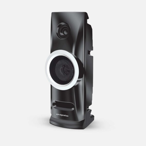 "10W Bluetooth home theatre speaker placed under TV showing LED lights", "Close-up of BassX Pro speaker with bass reflex port and control buttons", "Wireless party speaker in outdoor garden setup with phone connected"